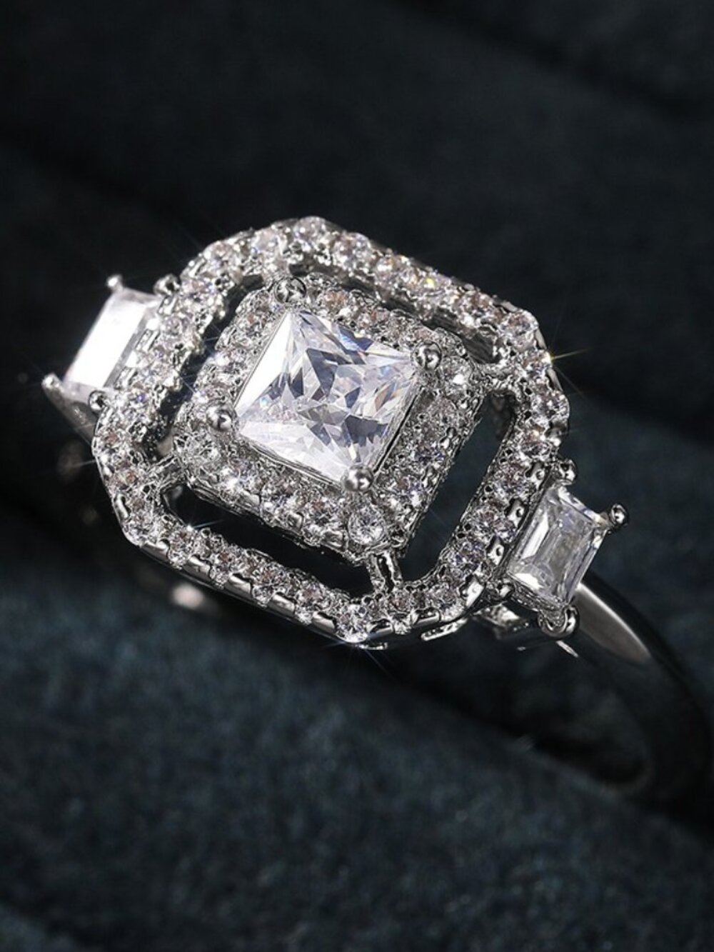 🎁PRINCESS CUT CZ DOUBLE HALO BAGUETTE GEOMETRIC 3 SIDE STONES SQUARE RING, K782